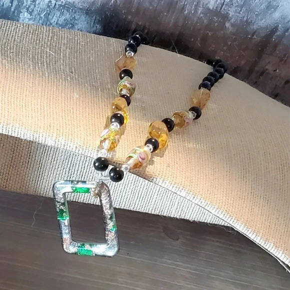 Lampwork Glass Black Amber Clear Geometric Pendant Handcrafted Necklace - Picture 6 of 12
